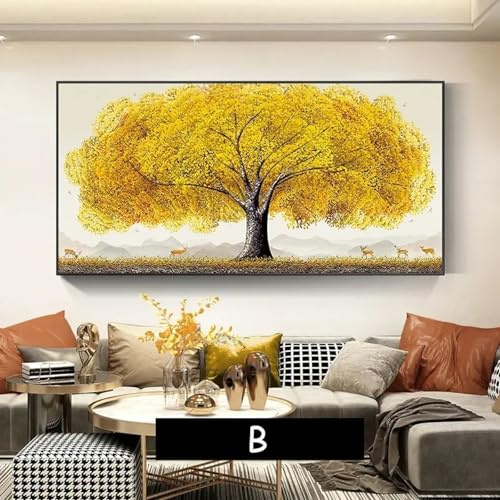 BMGKYAGL Abstrakter gelb-goldener Geldbaum für Wohnzimmer, Bilder, Landschaftsposter, Drucke, Dekor, 80 x 160 cm, rahmenlos