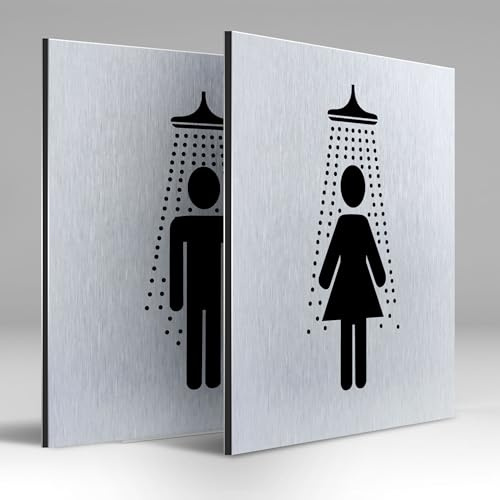 Türschilder24 Plaque de porte en aluminium Dibond - 120 x 120 x 3 mm - Ensemble douche pour homme et femme - 100 % fabriqué en Allemagne (set pour femme + WC/homme + WC)