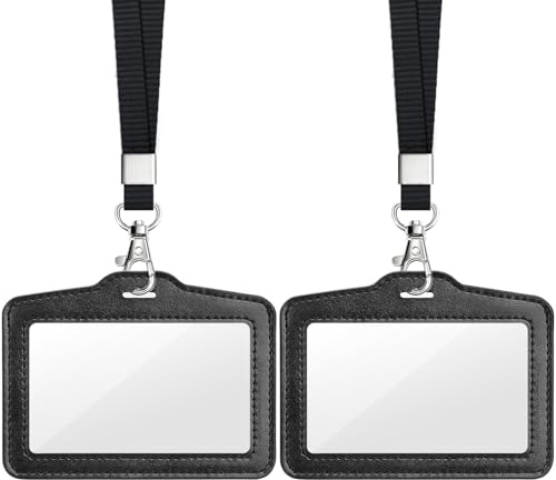 Teskyer 2 Pack Double Sided Clear Badge Holders - Faux Leather with Nylon Lanyard, ID Card Holder for Work/Oyster Card/Bus Pass, Business & Events, Horizontal (Black)