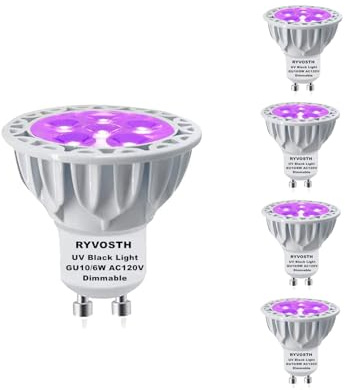 RYVOSTH 4-Pack,LED Black Light Bulbs,MR16 GU10 Base, 6W(50W Equivalent), UVA Level 395-400nm,Glow in The Dark for Blacklight Party,Fluorescent Poster,Neon Glow,Body Paint (GU10 Base)