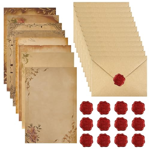 Vintage Briefpapier mit Umschlag, Set Vintage Schreiben mit 16 Vintage-papier Briefumschläge,16 Kraftpapier Briefpapier und 16 Wachssiegel Aufkleber, für Love Letter, Hochzeit, Geburtstag