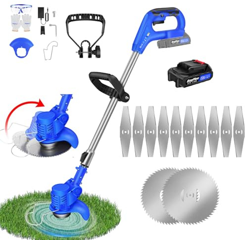 Rasentrimmer Elektrisch,21V Rasentrimmer Mit Akku und mit 3.0AH Batterien, Rasentrimmer Elektrisch Teleslopstiel, mit 2 Arten Klingen, Mini Rasenmäher Motorsense 90° Drehkopf für Garten, Hof
