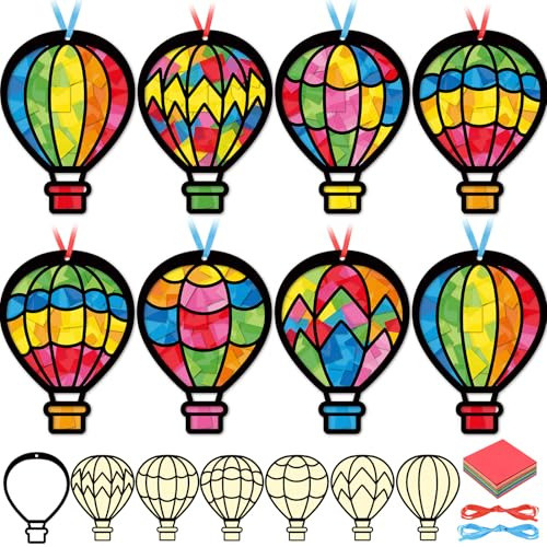Tinlade 24 Sets Crafts Suncatcher Tissue Paper Craft Kit DIY Window Decor Make Your Own Cross Hanging Ornaments for Holiday Activities Party Favors(Hot Air Balloons)