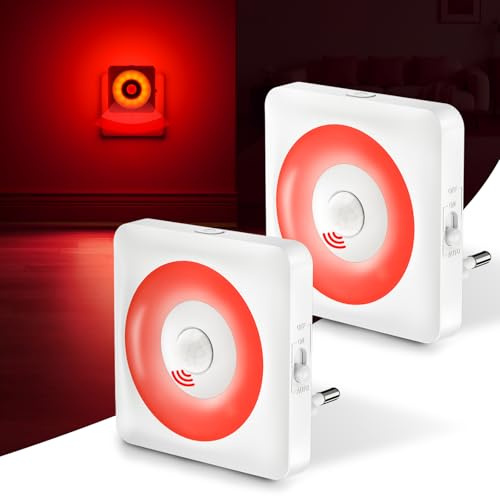 Swoieltr LED Luz con Sensor de Movimiento, 2pcs Luce Notturna Bambini da Presa, Modo Sensor o Siempre Encendida, Brillo Regulable, Certificación CE, Ideal para Dormitorio, Sala de Estar y Baño (Rojo)