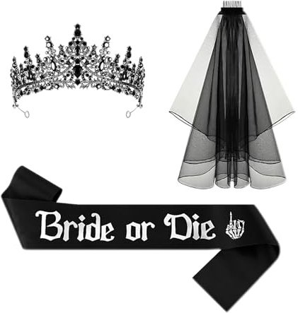 Hoshisea Schwarze Braut Krone und Schleier, Halloween Gothic Hochzeit Schleier Krone, Halloween Bride Costume Accessory, Accessoires für die Halloween-Karnevalsparty für Weiblich(Mit Schärpe)