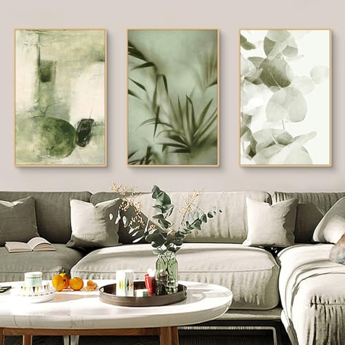 TROYSINC 3er Poster Set Wandbilder – Abstrakte Pflanzenbilder in Morandi-Grün für Wohnzimmer, Schlafzimmer & Flur – Modernes Deko-Bilderset im Wabi-Sabi-Stil (B, 40x50cm)