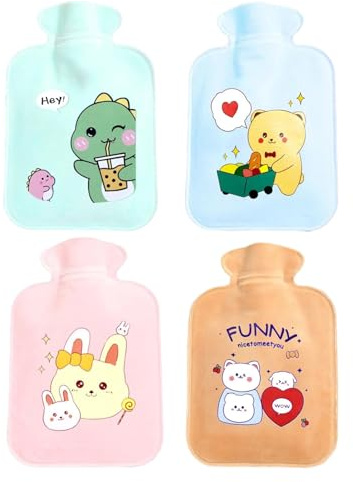 4 PCS Mini Wärmflaschen Set, 350ml Wärmflasche klein mit süßen Tierdesigns (Hase/Dinosaurier/Bär/Katze), ideal für Kinder, Erwachsene, Reisen, Camping und kalte Tage, langanhaltende Wärme
