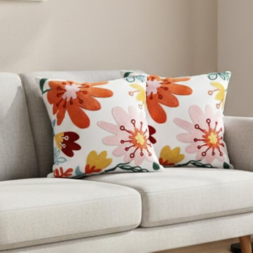 BREASOME Cushion Covers 45 x 45 cm Set of 2 Embroidered Floral Cushion Covers Polyester Decorative Square Throw Pillow Cases for Sofa Couch Bedroom Living Room