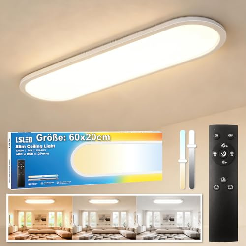 L5L3D LED Deckenleuchte mit Fernbedienung, 24W Dimmbar, 2700K-6500K, 3000 Lumen, IP44 Wasserfest, Speicherfunktion Nachtlicht für Wohnzimmer Schlafzimmer Küche Badezimmer Flur, 60x20cm Oval Weiß