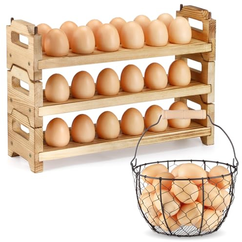 Teecyhooo 2 Pcs Egg Collecting Rack Kit Include Easter Wooden Fresh Egg Holder Countertop and Farmhouse Wire Eggs Basket with Handle for Gathering Fresh Eggs Vintage Home Storage Kitchen Organizer