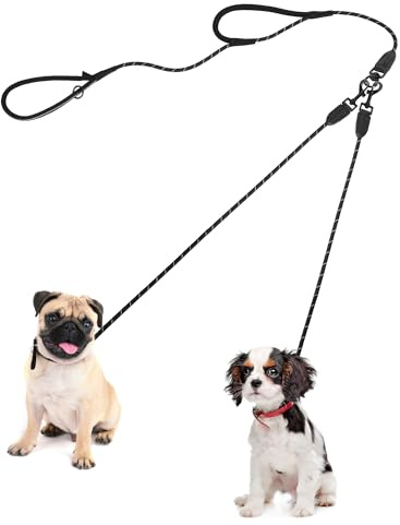 PetBonus rep dubbelhundkoppel, trasselfritt dubbelkoppel, reflekterande promenad- och träningskoppel med två bekväma vadderade handtag, koppelkoppling för små och medelstora hundar (5-25 kg, svart)