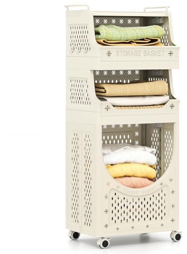 COSTWAY 3/4-Tier Laundry Basket Trolley on Wheels, Foldable Laundry Hamper Cart with Storage Shelves/Box & Hooks, Rolling Plastic Clothes Sorter Washing Baskets Organiser (4 Tiers)