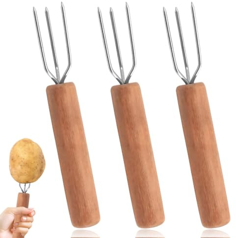 UYVPAER 3 Forchette Per Cioccolatini, Forchette Per Patate, Forchettone Per Patate In Acciaio Inox, Manico In Legno Di Faggio, Posate Per Insalata In Acciaio Inox(A)