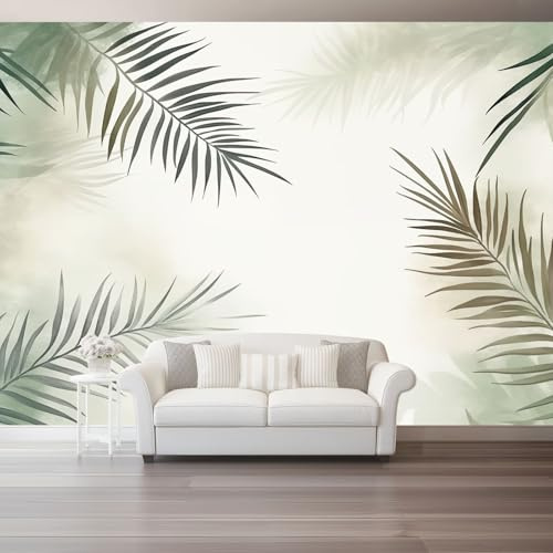 Papier peint mural 350 x 256(WxH) – Papier peint photo 3D imperméable en intissé avec motif Aquarelle minimaliste feuilles de palmier pour salon chambre et couloir, décoration murale en Couleur claire