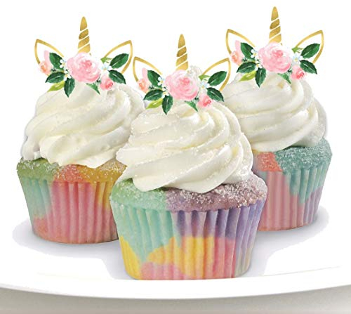 12 Unicorn Horn PRECUT Edible Cupcake Toppers - Stand Up Wafer Cake Decorations … (PRECUT)
