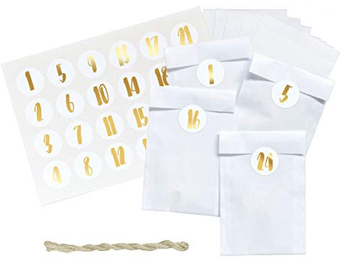 renna deluxe ADVENTSKALENDER zum Befüllen, Gold metallic, Papiertüten in Weiss, Zahlenaufkleber Handlettering, DIY Set modern stilvoll Hygge Vintage Scandi Stil | Made in Deutschland