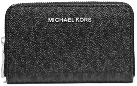 Michael Kors Damen Jet Set Small Zip Around Kartenetui, Silberfarbene Hardware/Signature Coated Twill/Schwarz, One Size