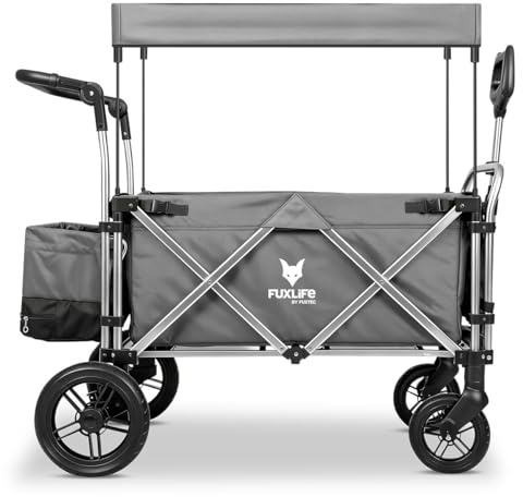 FUXLIFE FX-CTL900 Premium Folding Wagon for Kids – Foldable Handcart with Sun Canopy, Padded Interior, 5-Point Safety Harnesses, Suspension Wheels & Cool Bag – Premium Grey