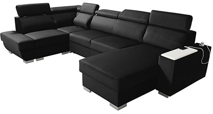 Robin Cezar Ecksofa Schlaffunktion Bettkasten Verstellbare Kopfstützen Sofa L-Form Schlafsofa Freistehende Eckcouch Schlafcouch Wohnzimmermöbel inkl. Laptoptisch Steckdose Schwarz