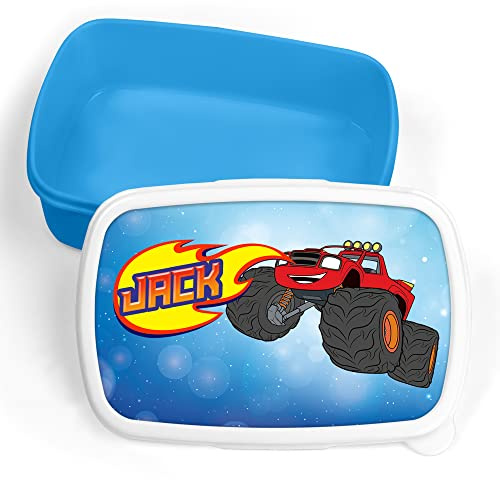 Print Maniacs Personalised Lunch Box Blazing Monster Truck School Sandwich Kids Picnic Snack Food Bag Children's Travel Girls Boys Toddler Box Tub Pack Box (Blue)