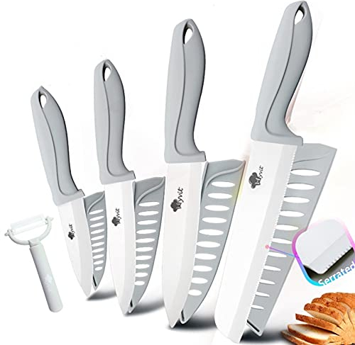 DZCP Coltello da Cucina Coltello in Ceramica 3 4 5 + 6 Pollici Cucina Set di Pane Serrated 3pcs / 4pcs Chef Utility Slicer Orthengeble Peeler Bianco Zirconia Blade (Color : Grey 3456 inch Bread)