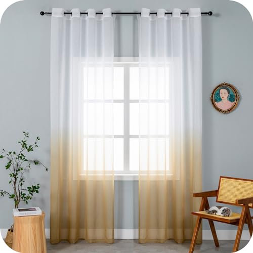 GIRASOLE HOME Coppia Tende Voile Semi Trasparenti Colore Sfumato Bianco e Maggese Tenda per Soggiorno Camera Cameretta Cucina e Interni 2 Pannelli con Occhielli 140x275cm