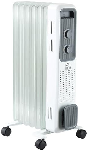 HOMCOM 1500W Oil Filled Radiator, Portable Electric Heater with 3 Heat Settings, Safety Cut-Off and Wheels, White