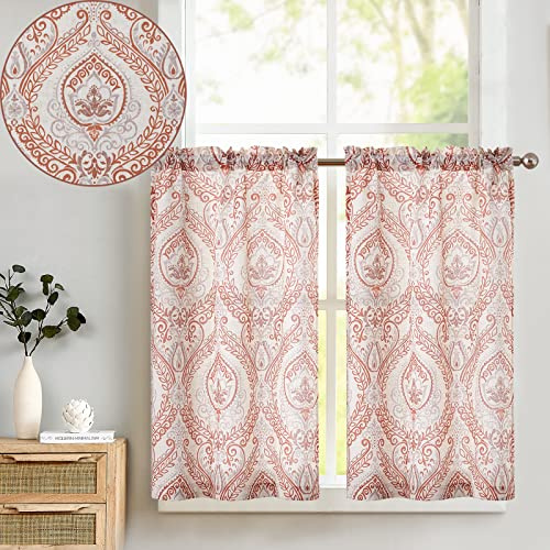 TOPICK Scheibengardine Bistrogardine Blumen 2er Set H115xB65 Rot Beige | Scheibengardine Leinen Vorhang Vintage Landhaustil Bedruckt Geblümt Scheibengardinen Blickdicht für Küche Wohnzimmer Landhaus