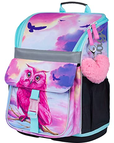 Baagl Schulranzen Mädchen für 1. Klasse - Ergonomische Schultasche für Kinder - Schulrucksack mit Brustgurt - Grundschule Ranzen Tornister (Eule)