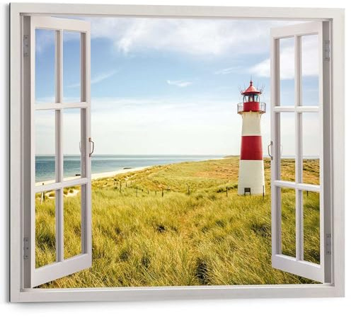 REINDERS Wandbild, Leuchtturm Fenster, Hobbyraum, Bilder, Wanddeko, Room Decor, MDF, Blau, 40 x 50