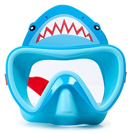 Shark Attack Swim Goggle Mask for Kids 3+ by Aqua2ude - Anti Fog, No Leak, Non Slip, Shatter Proof - Adjustable Head Strap for Multiple Ages - Shark Head Theme Swimming Mask for Kids