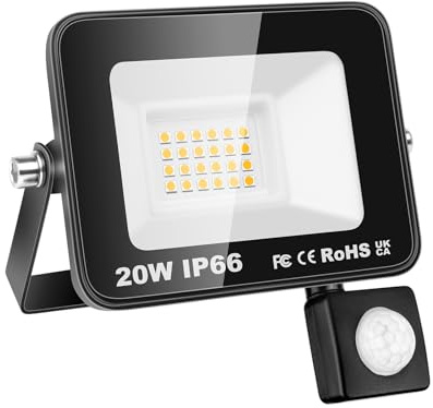 Willpower Projecteur LED Extérieur 20W Spot LED Avec Détecteur de Mouvement | 2,000LM, 3500K Blanc Chaud, IP66 Étanche, Eclairage Exterieur Lampe Lumiere de Sécurité pour Jardin Patio Garage