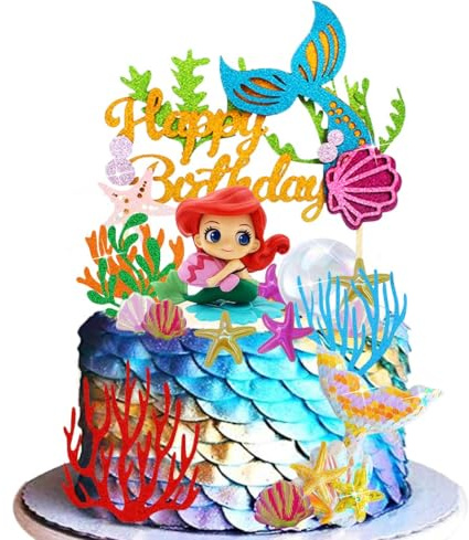 kuchendeko Mermaid Geburtstag,Niedliche Meerjungfrauenfigur,Cake Ornaments für Sea Party,Tortendeko Unterwasserwelt,Glitzernde Meereselemente, Wasserpflanzen, Fischschwanzdekoration