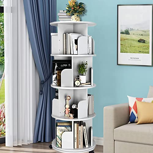uyoyous 4-stufiges drehbares Bücherregal, 360° drehbares Bücherregal mit Rollen, Eckregal, bodenstehende Bücherregale für Schlafzimmer, Wohnzimmer, Büro