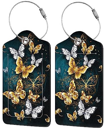 EOBKLAX Gepäckanhänger für Koffer, bunte Schmetterlinge, PU-Leder, Kofferanhänger, Identifikatoren mit Privatsphäre, Namen, Adressetiketten und robuster Stahlschlaufe, für Damen und Herren, Reisen, 2