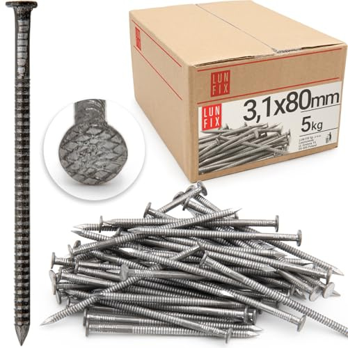 Holznägel 3,1 x 80 mm 5kg ca. 975 Stk Flachkopf Rillennagel Bauarbeiten | Unverzinkter Baunägel lang Drahtstifte Nägel für Tischlerarbeiten, Dachkonstruktionen, Zimmerleute
