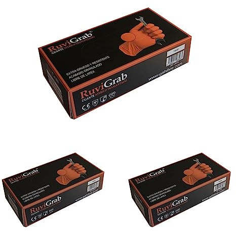 Ruvigrab - Guante de Trabajo Desechable de Nitrilo Diamantado Naranja | Alta resistencia | Guantes para Mecánica, Talleres, Industria, Construcción y Química | Libre de Látex (Paquete de 3)