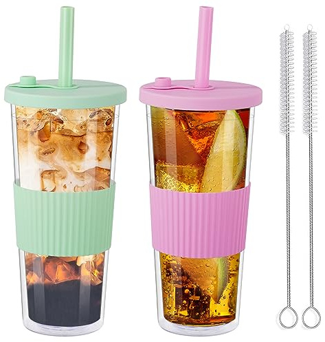 2 Pack Reusable Boba Tea Cups, 750ml/24oz Clear Water Tumbler with Straw & Lid, Leakproof Clear Plastic Mug Cup, Double Wall Smoothie Tumbler with Wide Straw for Bubble Tea, Milkshake, Iced Coffee