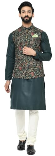 KISAH Men's Kurta Churidar Set – Printed Pure Cotton Tunic with Mandarin Collar, Regular Fit – Indian Wedding Outfit for Men – Festive Wear for Diwali, Eid & Celebrations, Multicolour, 42