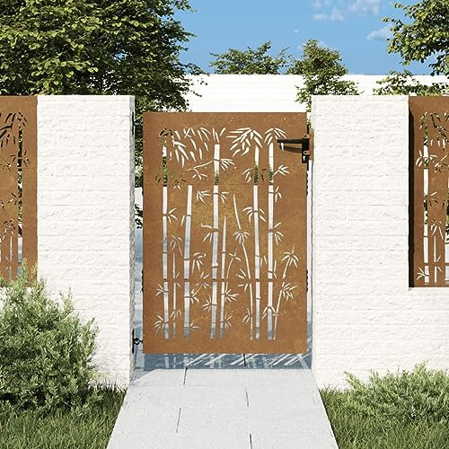 Festnight Puerta de Jardín Acero 85x125 cm Cancela de Valla Barrera de Jardín Puerta de Valla de Jardín con Sistema con Cerradura Entrada Exterior de Metal Oxidado diseño bambú