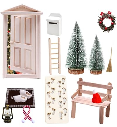 Killogood Wichteltür Set, Komplettset Wichteltür Zubehör Weihnachten, Miniatur Wichtel Zubehör für Kinder, Wichtelset mit Holz Wichtel Tür Briefkästen Kranz Weihnachtsbaum Zaun