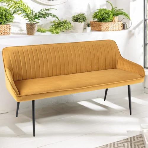 Elegante Sitzbank Milan ca.160cm Samt senfgelb Armlehnen Schwarze Metallbeine