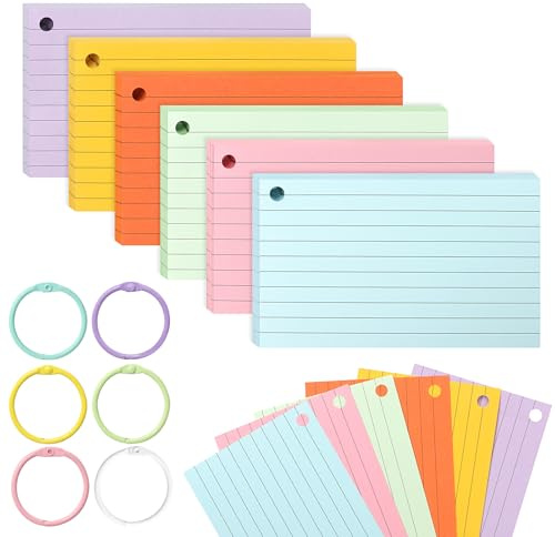 Ztowoto 300 Hoja Flashcards, 3.3*4.9 Pulgadas Forrado Tarjetas Estudio Incluye 6 Anillos De PláStico, Premium Tarjetas De íNdice Fichas Perfecto Para La Escuela, La Oficina Y El Hogar(6 Colores)