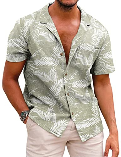 COOFANDY Camisa de Lino de Manga Corta para Hombre Camisa Hawaiana de Verano Camisa de Playa Impresa B-Hoja de Palma M