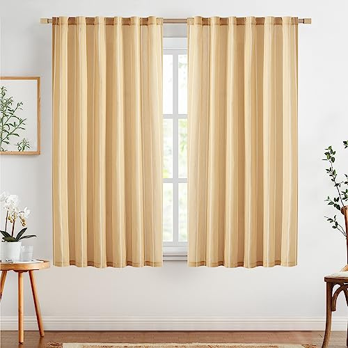 TOPICK Leinen Gardinen Gestreifte Vorhänge Streifen 2er Set H175xB140 Gelb | Gardinen für Wohnzimmer Schlafzimmer Küche Leinen Gardinen mit Tunnelzug Landhausstil Moderne Halbtransparent Vorhänge