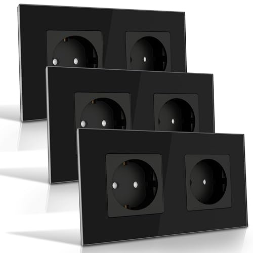 PULSAR Steckdosen-Set, 3x Steckdose Unterputz Glas Schwarz 2-Fach 3 Stück | Schuko-Steckdosen-Set in Schwarz - 3 x Steckdose Glas 2-Fach - Wandsteckdose 16A mit Kindersicherung 157 x 86mm 3 Stück