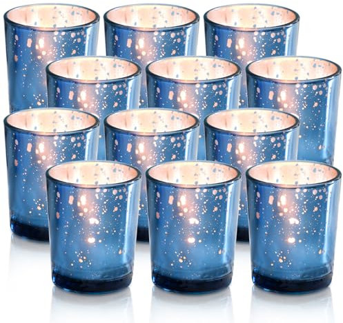 Lot de 12 photophores en Verre Mercure, Parfaits pour Mariage, fête, décoration d'intérieur (Bleu)
