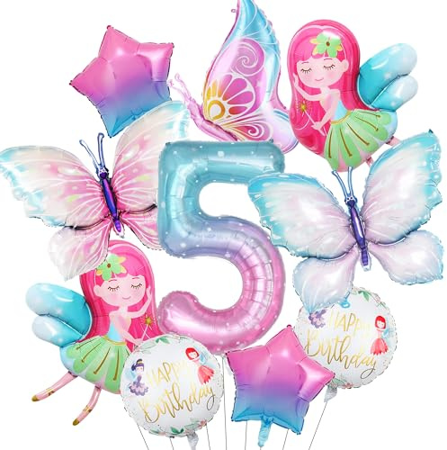 Feen 5 Geburtstag Deko Luftballons Mädchen, Rosa Schmetterling Folienballon | Verträumte Feendekorationen, 9 Folienballon-Sets; Geburtstagsdekorationen für 5-jährige Kinder