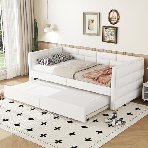 KUAKE Schlafsofa Polsterbett 90 x 200 cm, Ausziehbares Bettsofa, Ausziehbett mit Rollen, Linen minimalistisches Styling, Gästebett für Jugendliche und Kinder, Ohne Matratze (Beige)