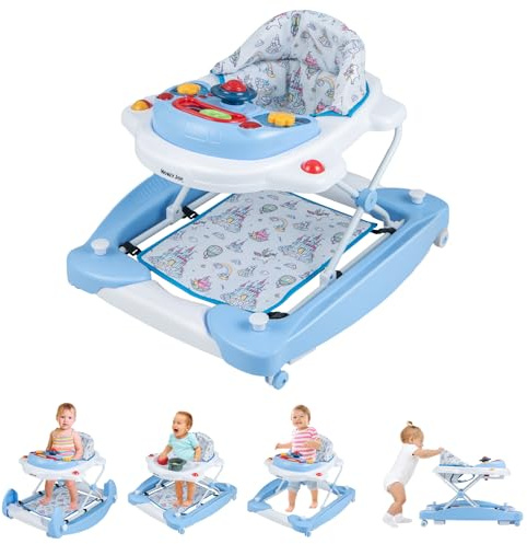 GOPLUS 6 in 1 Lauflernwagen, Lauflernhilfe faltbar mit Rädern, Baby Walker mit Fußkissen, Lichtern, Musik, Spielzeug & 3 verstellbare Höhen, Gehfrei für Baby ab 6 Monate, belastbar bis 12KG (Blau)